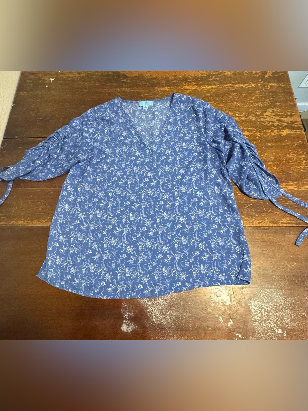 CeCe Blue Floral V-Neck Tie-Sleeve Blouse